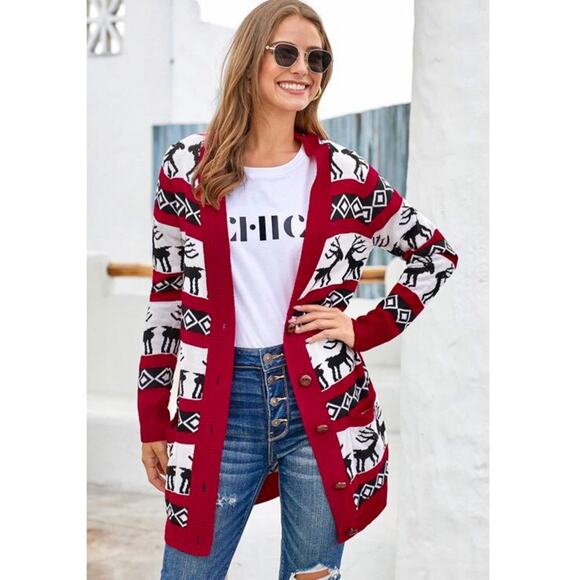 DAISYS BOUTIQUE Elk Reindeer Long Sleeves Knit Christmas Cardigan Sweater Medium - Picture 1 of 13